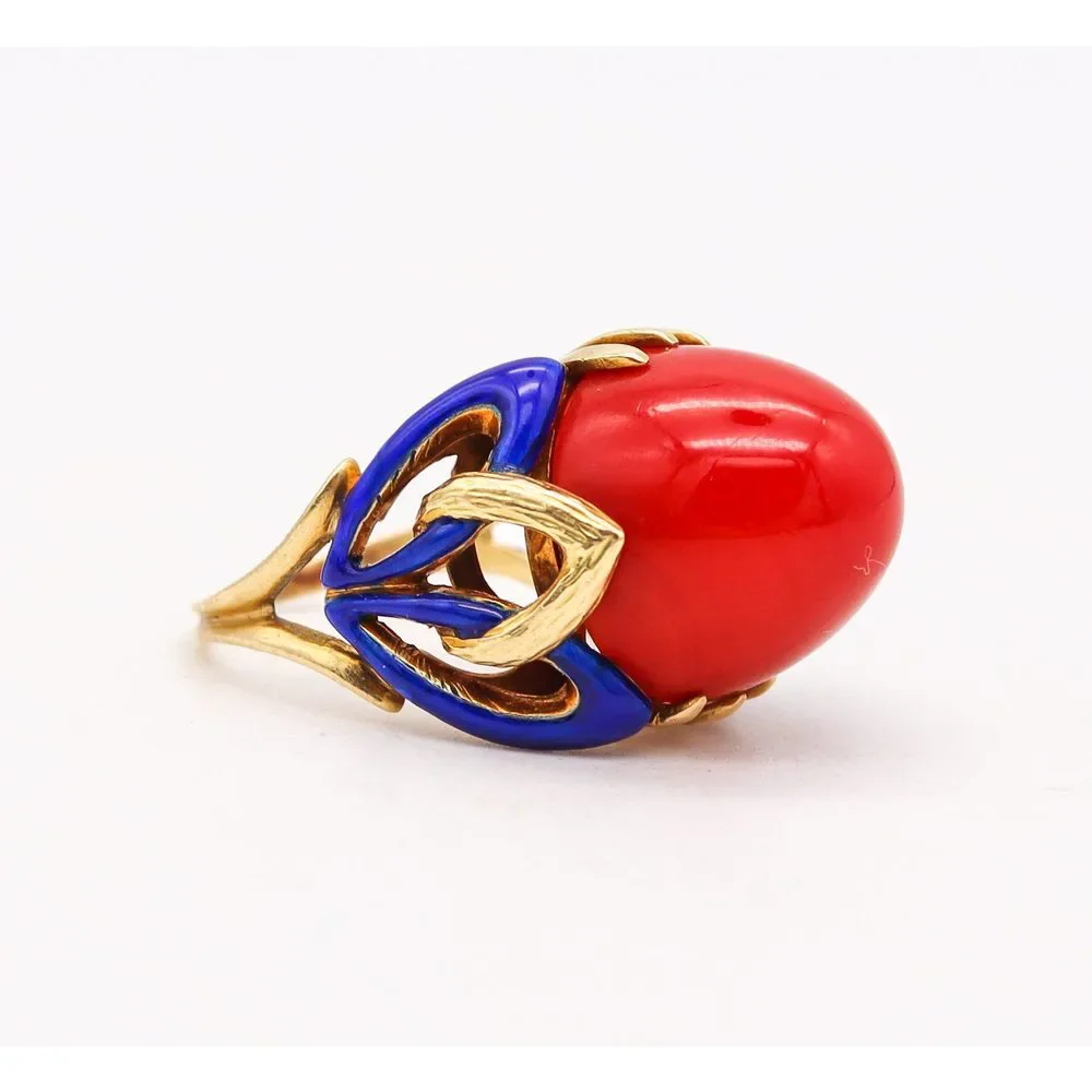 Art Deco 1930 Enamelled Cocktail Ring 18Kt Red Ox Blood Coral - Picture 3 of 7